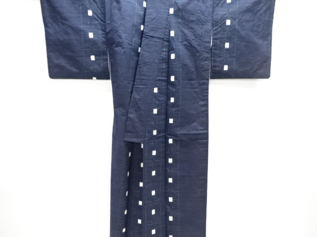  幾何学模様織出し手織り真綿小千谷紬着物